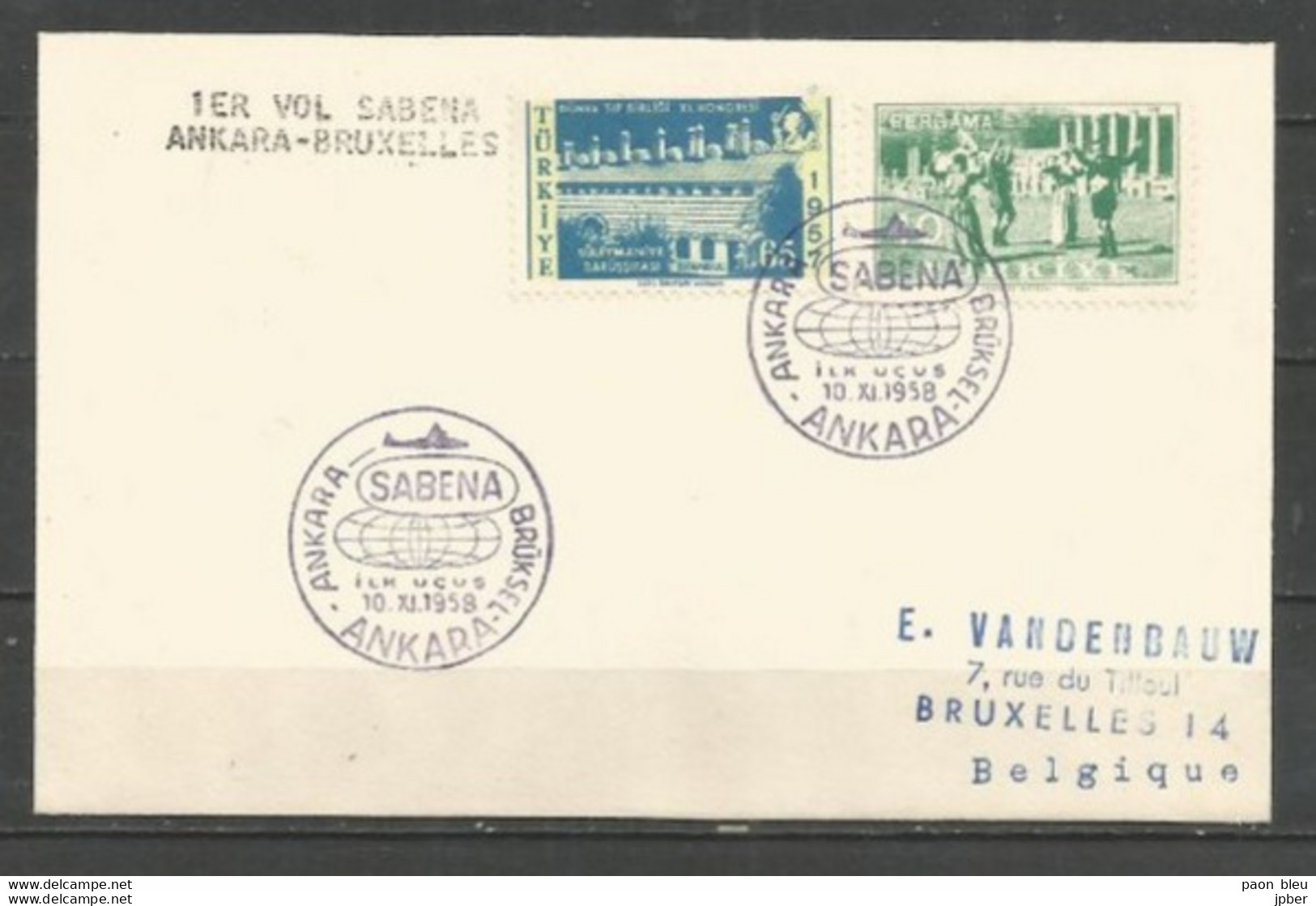 ANKARA - BRUXELLES 10-11-58 - Sabena - Timbres Turquie  Danse Bergame - Airplanes