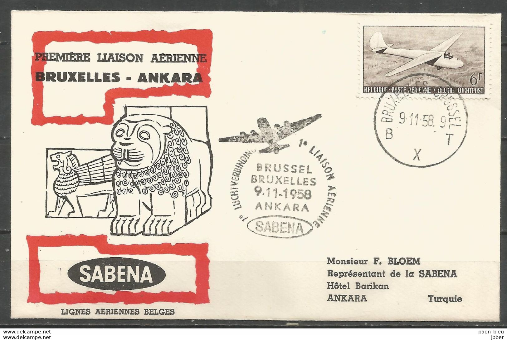 BRUXELLES - ANKARA 9-11-58 - Sabena - Timbres Belgique Planeur - Flugzeuge