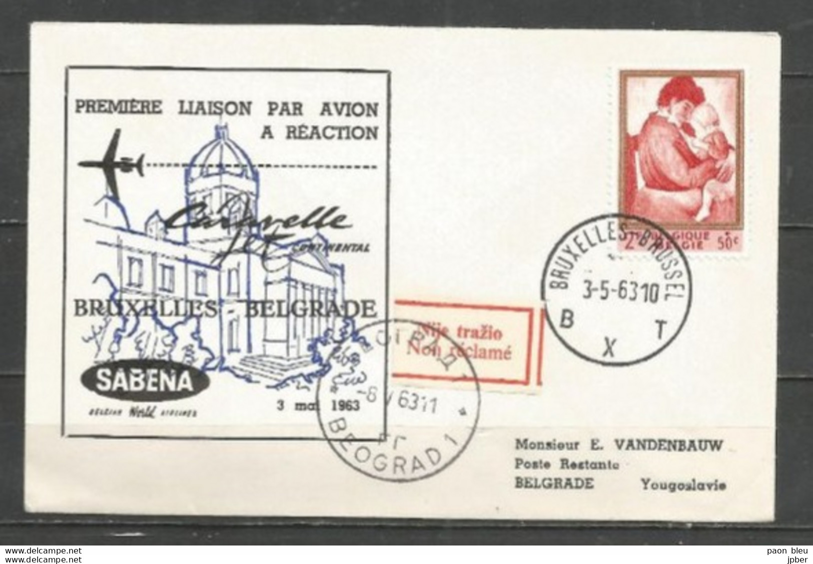 BRUXELLES-BELGRADE-BEOGRAD 3-5-1963 - Sabena Caravelle - Timbre Belgique Permeke - Avions