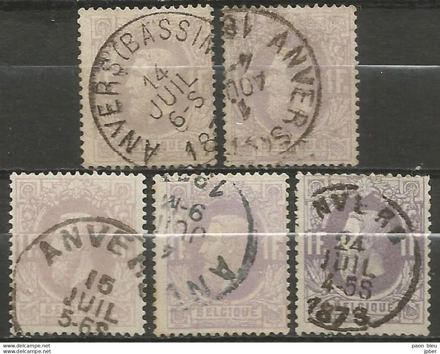 Belgique - Léopold II - N°36 Obl. ANVERS (différents Types) - 5 Timbres + Nuances De Couleur - 1869-1883 Leopold II.