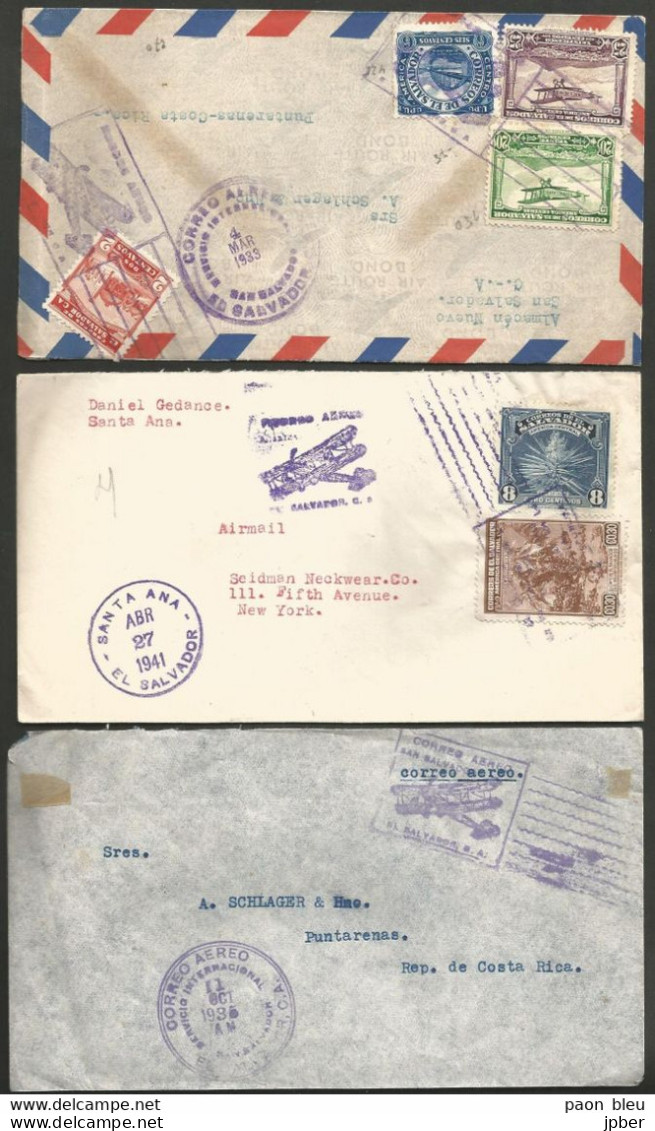 Salvador - 16 Lettres+2 Fragments - Air Mail Correo Aero - Vers New-York, Vienne, Puntarenas - El Salvador