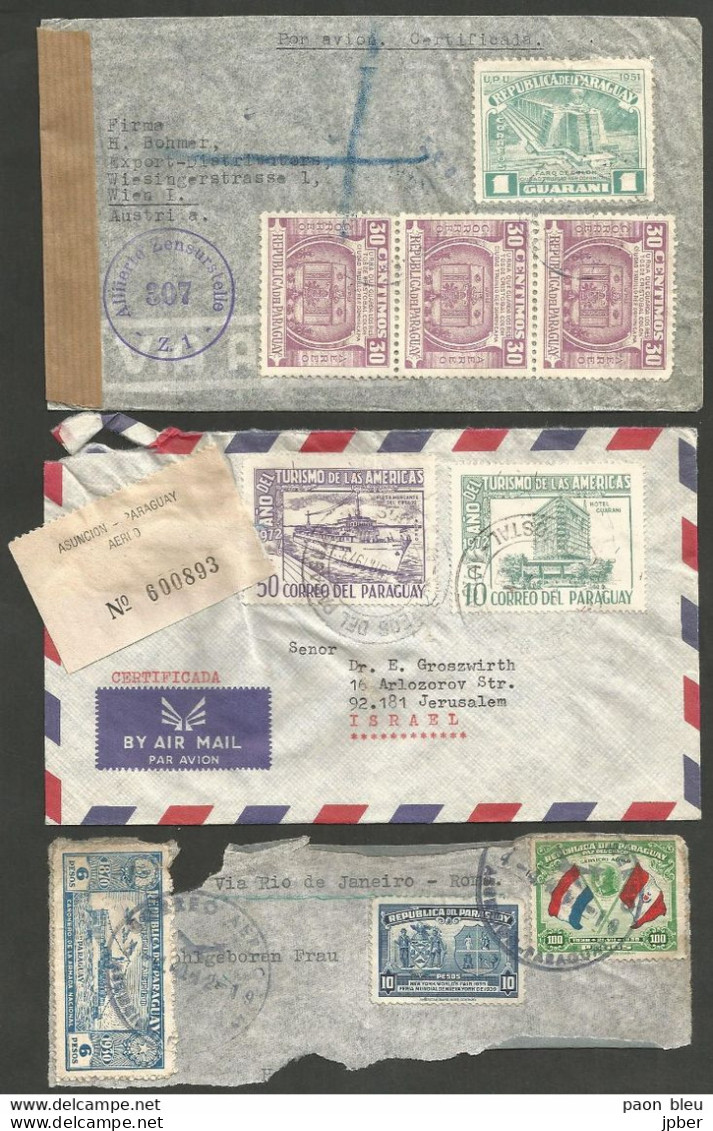 Paraguay - Correo Aereo - Por Avion - Certificada - 4 Lettres Vers Jerusalem - Wien (censura Militar Censure Militaire) - Paraguay