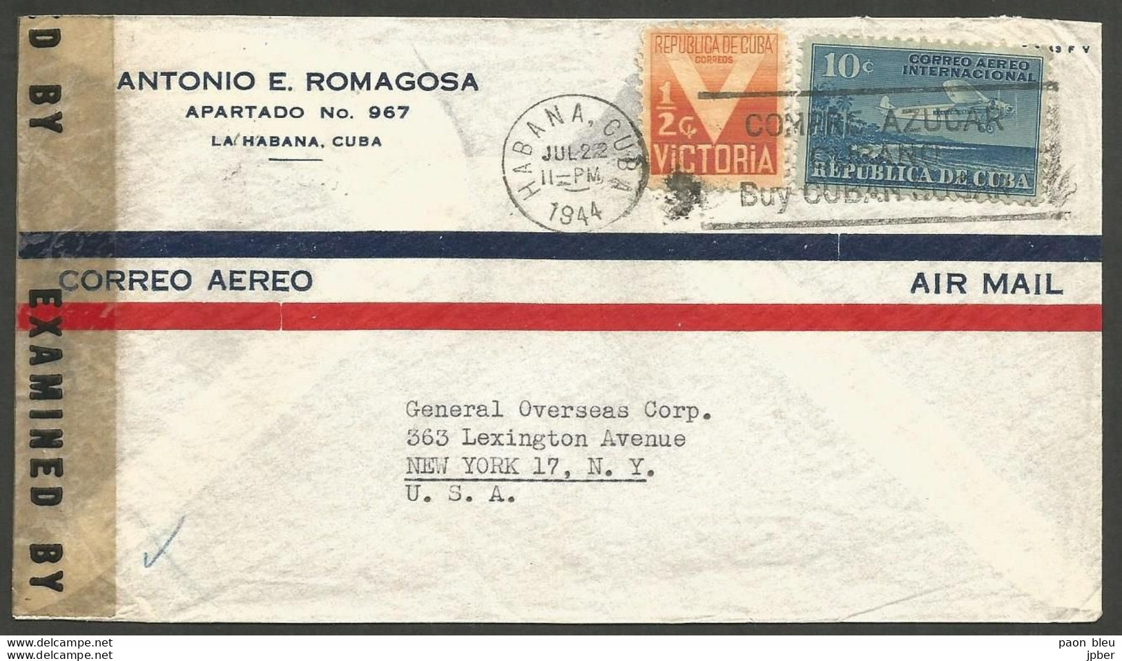Cuba - 1 Lettre Correo Aereo - Vers USA New-York Avec Bandelette Censure - Poste Aérienne