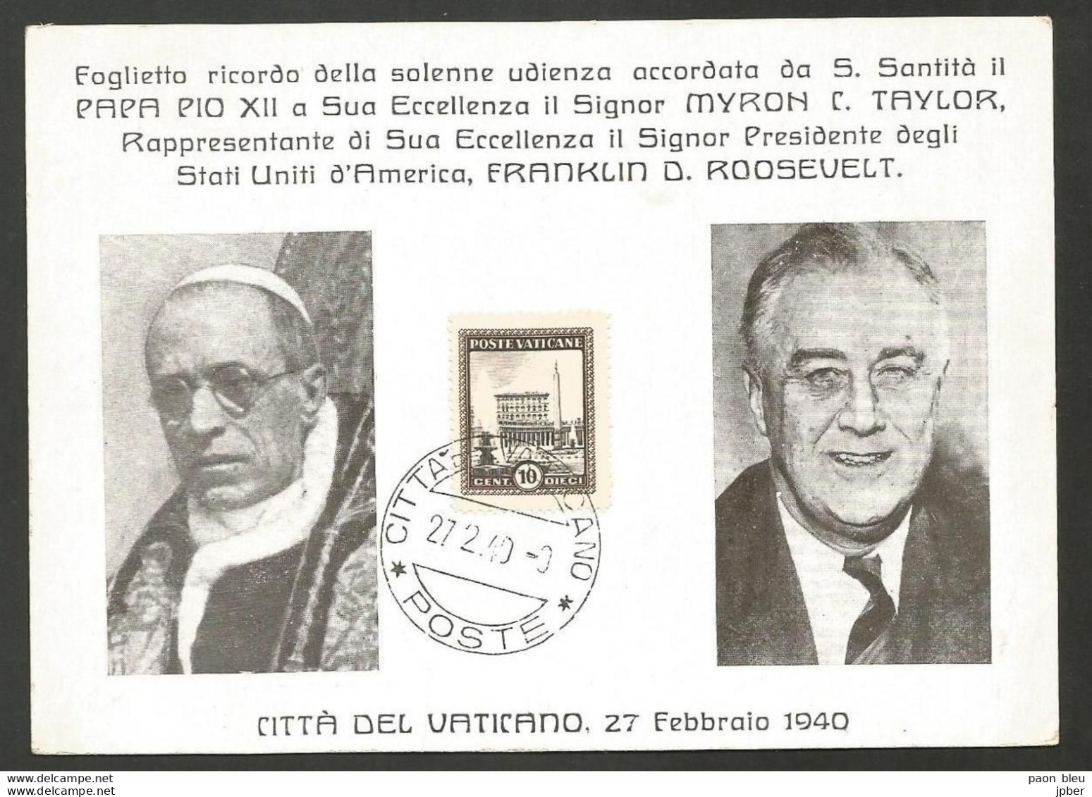 Vatican - Audience 27/02/1940 - Pape Pie XII - Myron Taylor Représentant Franklin D. Roosevelt - - Lettres & Documents