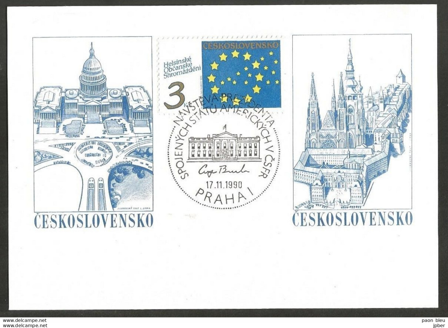 Tchécoslovaquie - Carte Commémorative Visite Georges Bush à Prague 1990 - Timbre  Europe Assemblée - Brieven En Documenten