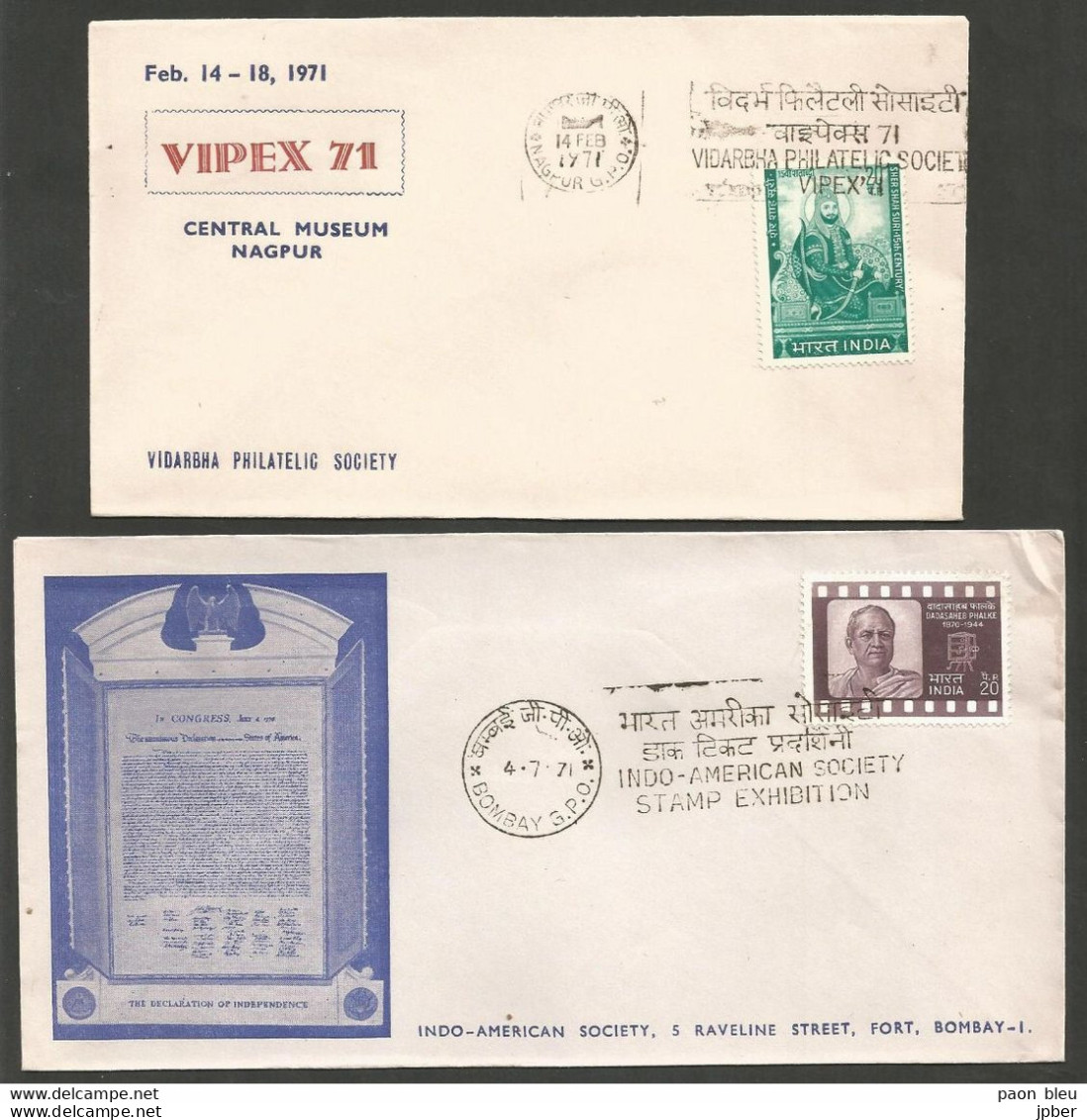 India - Inde - Vipex 71 Central Museum Nagpur - Indo-American Society Stamp Exhibition Bombay 4.7.71 - Covers & Documents