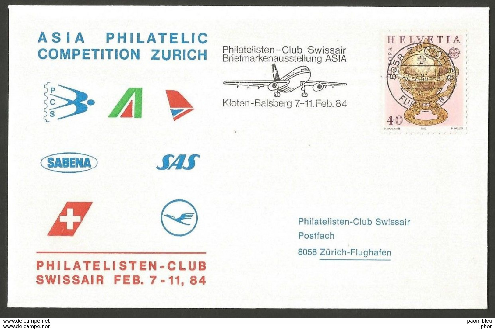 Aérophilatélie - Suisse - 2x Philatelisten-Club Swissair - Asia Philatelic Competition Zürich - Kloten-Balsberg 7/11/84 - Autres & Non Classés