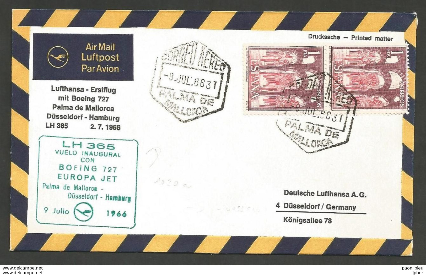 Aérophilatélie - Lufthansa - Palma De Mallorca - Düsseldorf - Hamburg 9.7.66 - La Mezquita (Cordoba) - Covers & Documents