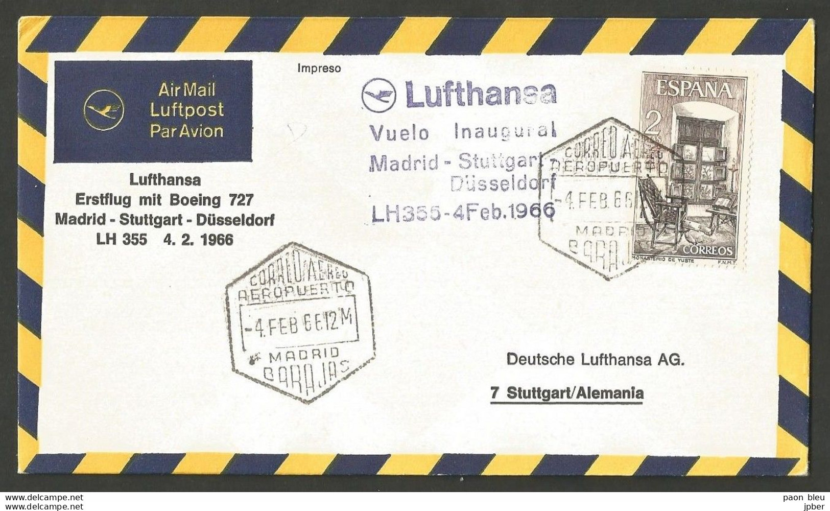 Aérophilatélie - Lufthansa - Madrid / Barcelone - Stuttgart - Düsseldorf 4.2.66 - Monasterio De Yuste - Lettres & Documents