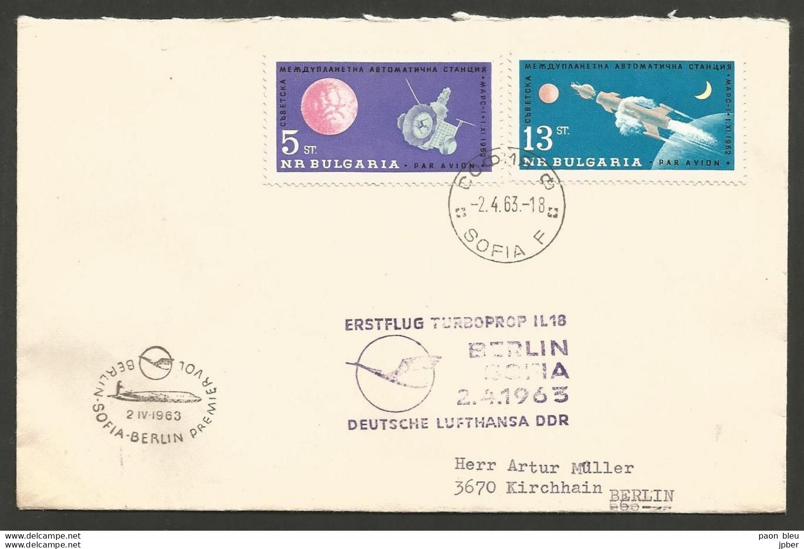 Aérophilatélie - Lufthansa - Berlin - Sofia 2.4.1963 - Bulgarie - Poste Aérienne