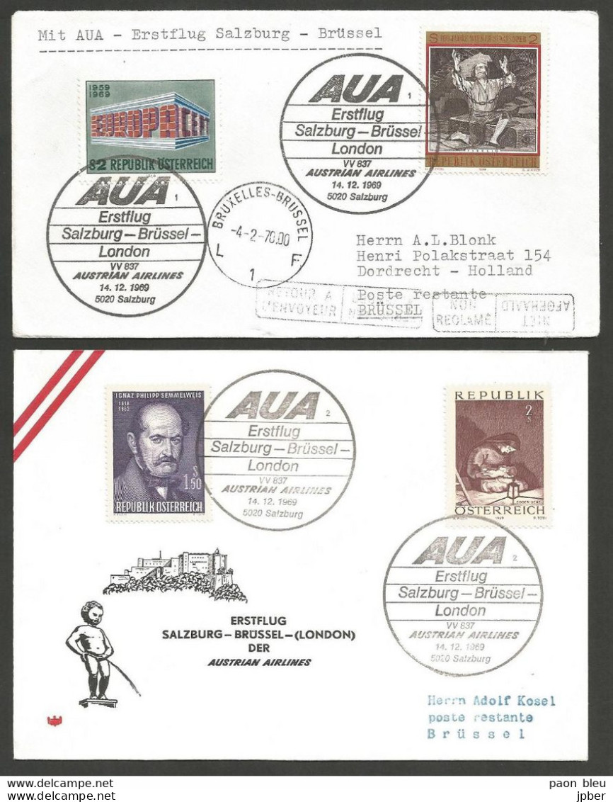 Aérophilatélie - Autriche - AUA Austrian Airlines - Salzburg-Brüssel-London 14.12.1969 - Semmelweis, Europa, Staatsoper - Primi Voli