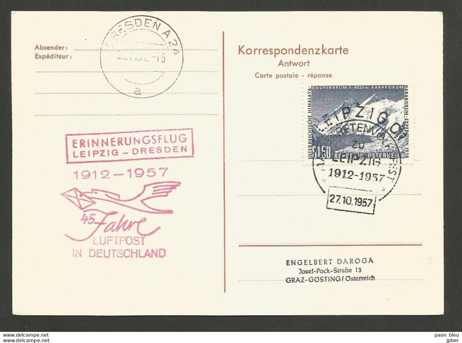 Aérophilatélie - Lufthansa - Leipzig - Dresden 27.10.1957 - Autiche Expédition Karakorum 1956 - Andere & Zonder Classificatie