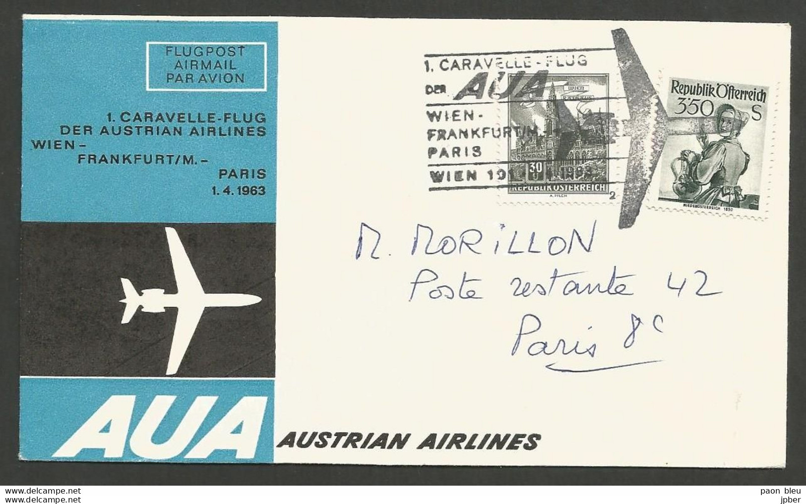 Aérophilatélie - Autriche - AUA Austrian Airlines - Wien-Frankfurt-Paris 1-4-63 - Wien Rathaus - Niederösterreich 1950 - Premiers Vols