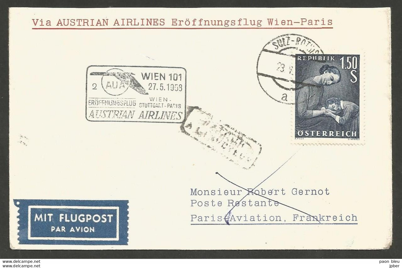 Aérophilatélie - Autriche - AUA Austrian Airlines - Wien-Stuttgart-Paris 27-5-58 - First Flight Covers