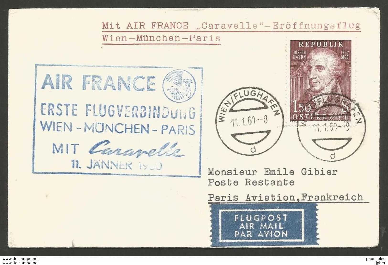 Aérophilatélie - Autriche - Air France - Erste Flugverbindung Wien-München-Paris Mit Caravelle 11/1/1960 - JOSEPH HAYDN - Altri & Non Classificati