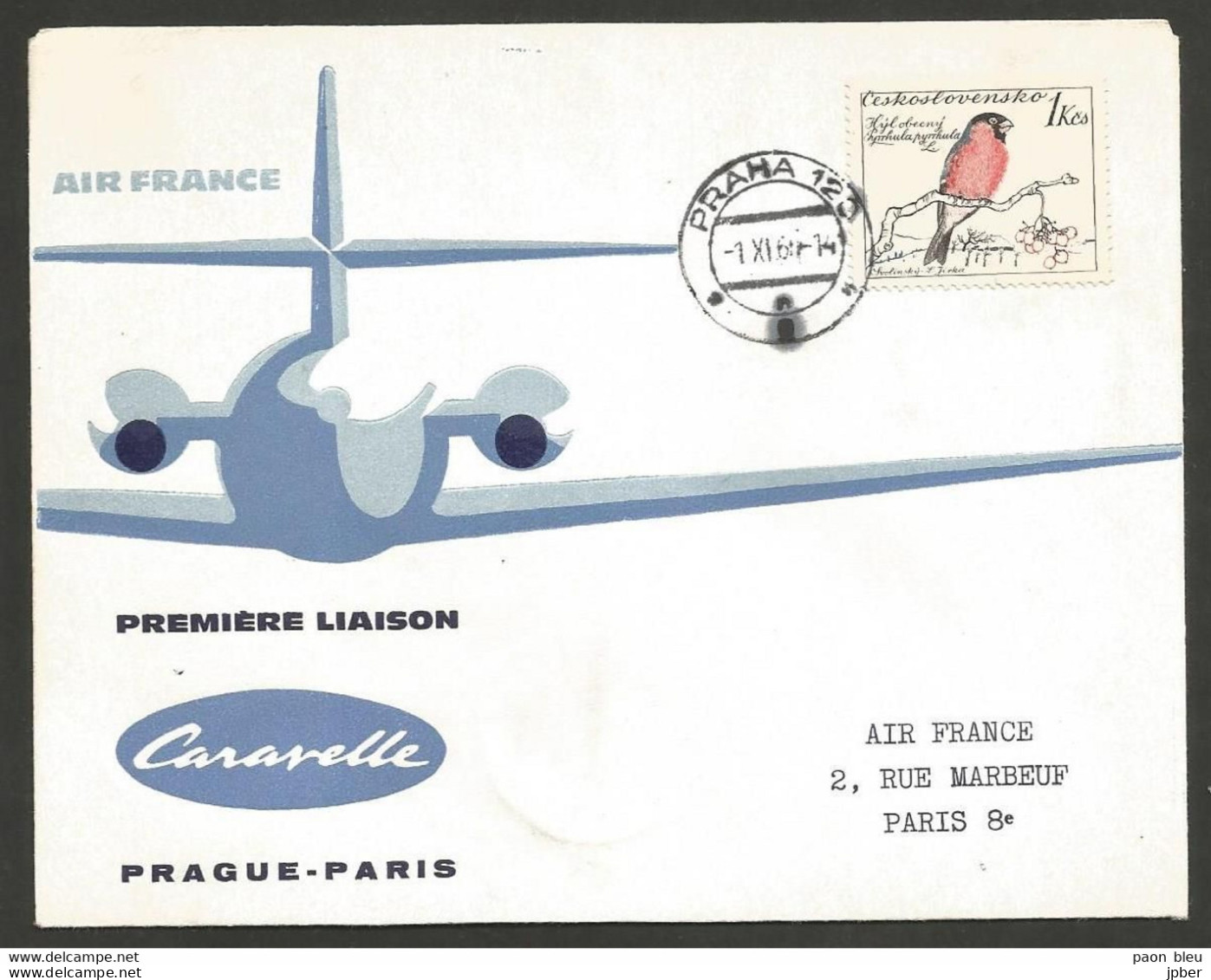 Aérophilatélie - Tchécoslovaquie - Air France - 1ere Liaison Prague (Praha) - Paris 1/11/60 - Poste Aérienne
