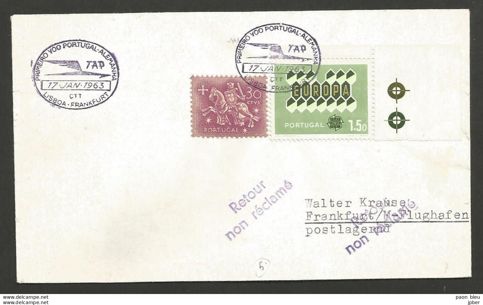 Aérophilatélie - Portugal - Primeiro Voo Portugal-Alemanha Lisboa-Frankfurt 17-01-63 - Storia Postale