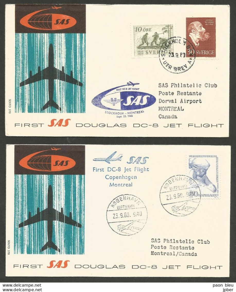 Aérophilatélie - Suède/Danemark - SAS First Flight Copenhagen / Stockholm - Montreal 23-9-60 - Covers & Documents