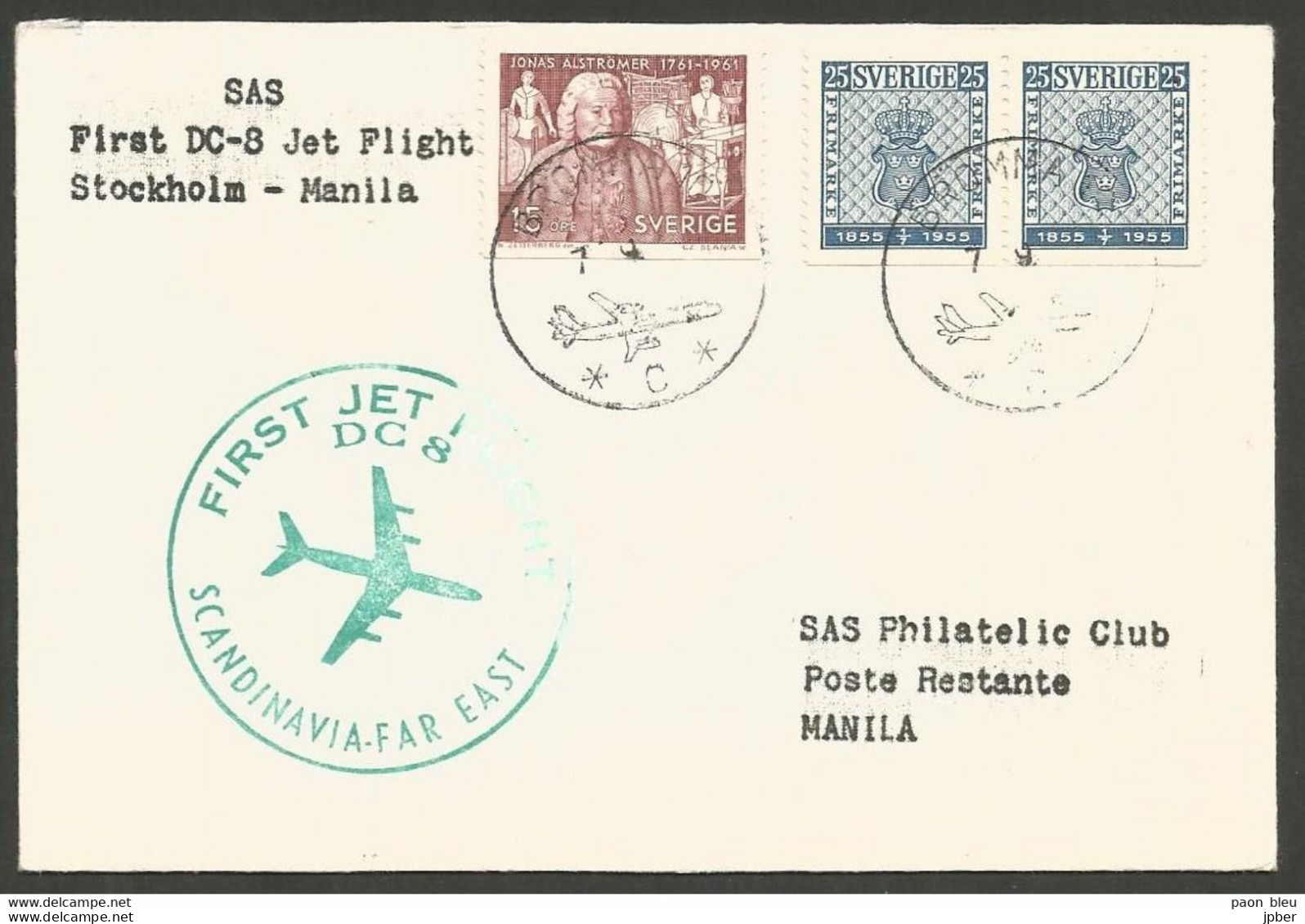 Aérophilatélie - Suède - Scandinavian Air Services SAS - First Flight Stockholm-Manila 7-9-61 - Covers & Documents