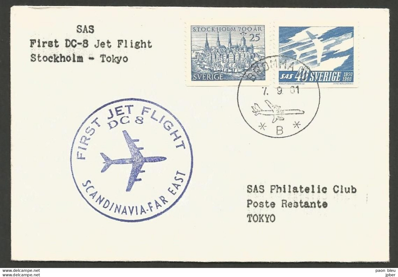 Aérophilatélie - Suède - Scandinavian Air Services SAS - First Flight Stockholm-Tokyo 07/09/61 - Brieven En Documenten