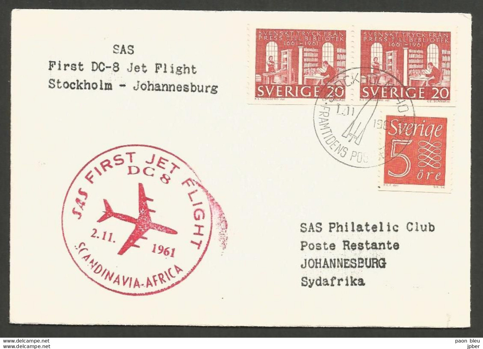 Aérophilatélie - Suède - Scandinavian Air Services SAS - First Flight Stockholm-Johannesburg 1-11-61 - Lettres & Documents