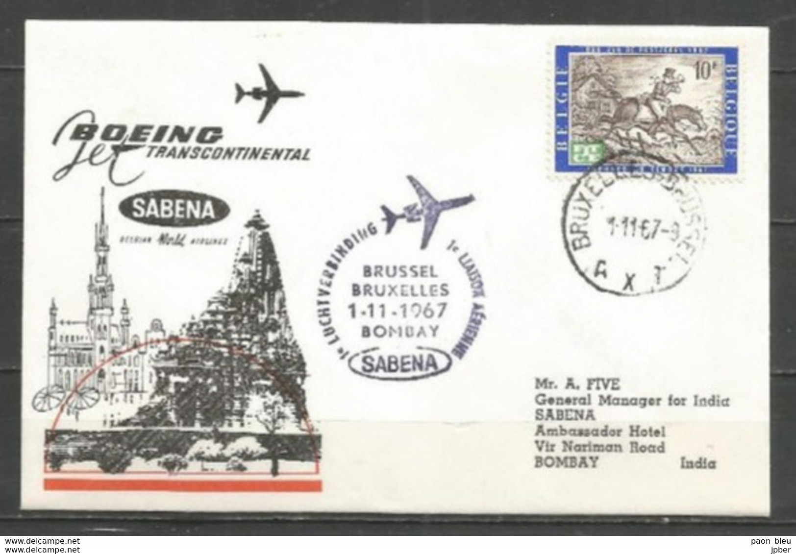 BRUXELLES-BOMBAY 1-11-1967 - Sabena Boeing - Timbres Belgique Postillon - Vliegtuigen