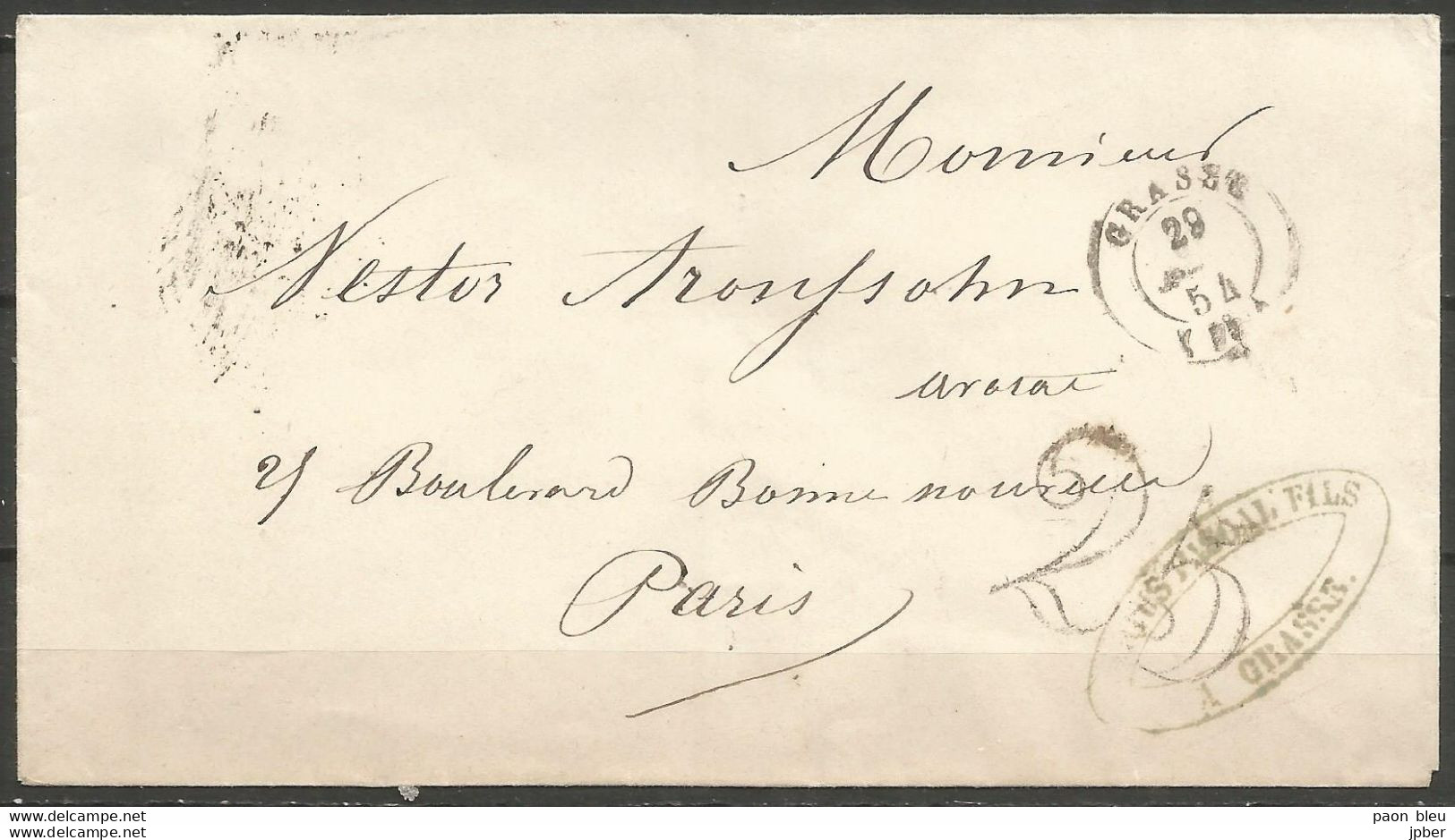 France - Lettre Non Affranchie + Cachet Taxe 25 - LSC Du 29/2/1854 De Grasse Vers Paris - 1849-1876: Periodo Clásico