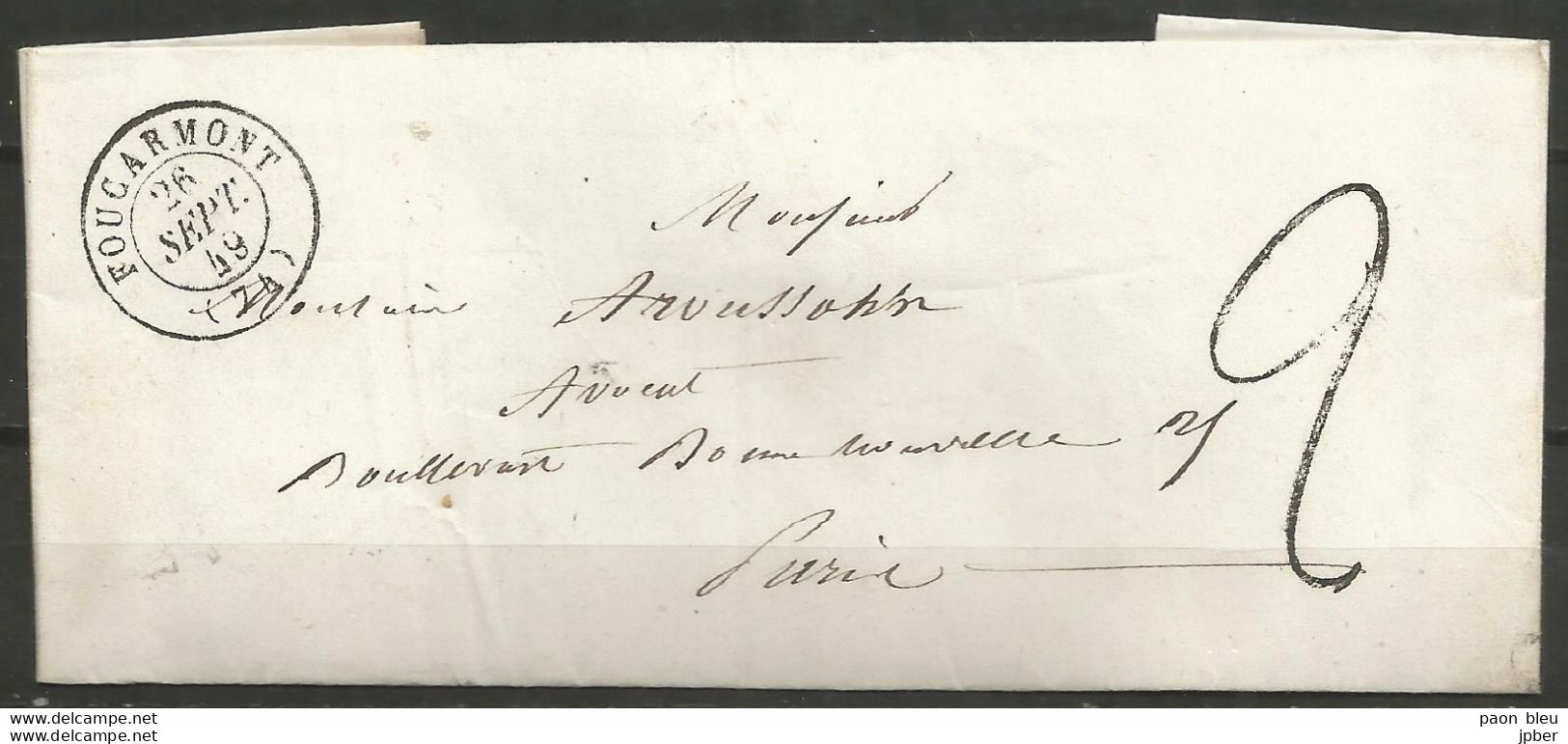 France - Lettre Non Affranchie - LAC Du 26/9/1849 De Foucarmont (cachet Noir) Vers Paris - 1849-1876: Klassik