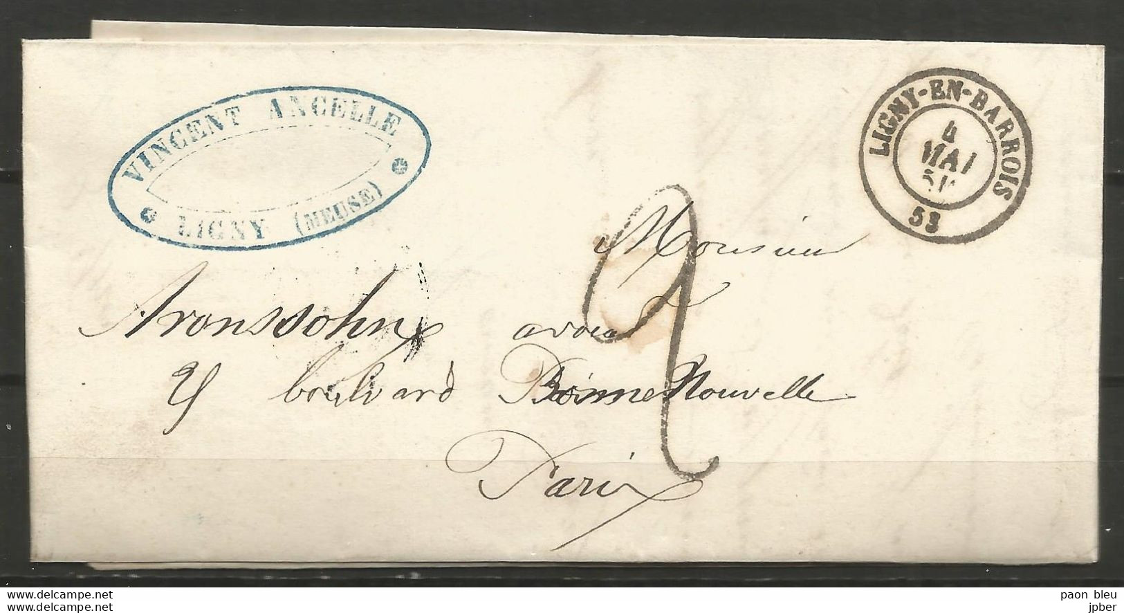 France - Lettre Non Affranchie - LAC Du 4/5/1850 De Ligny-en-Barrois (cachet Noir) Vers Paris - "Vincent Ancelle" - 1849-1876: Classic Period