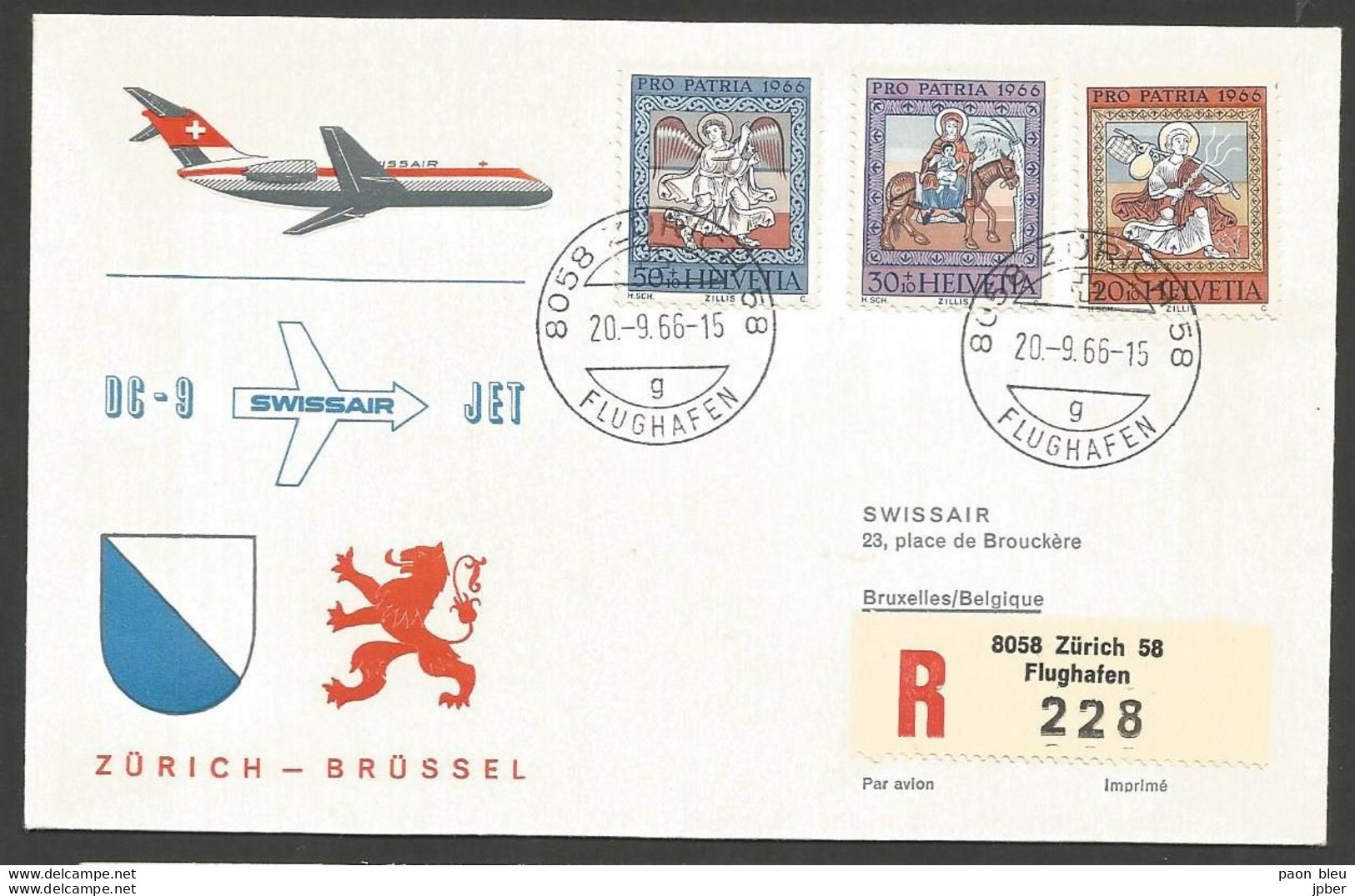 Aérophilatélie - Suisse - Swissair - Vol Zurich - Brüssel 20.09.66 - Eerste Vluchten