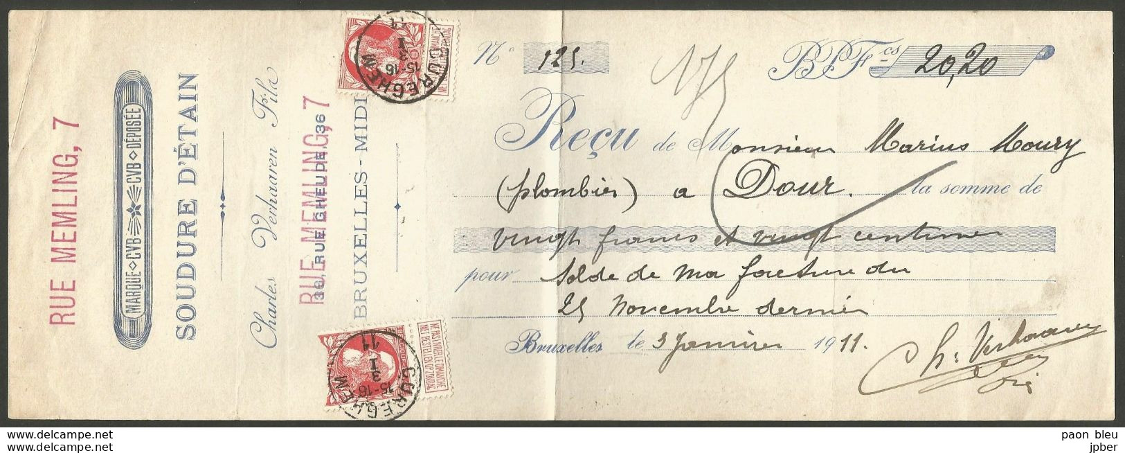 Belgique - Leopold II N°74 Obl. CUREGHEM 3/1/11 Sur Reçu Soudure D'etain Verhaeren Fila - 1905 Breiter Bart