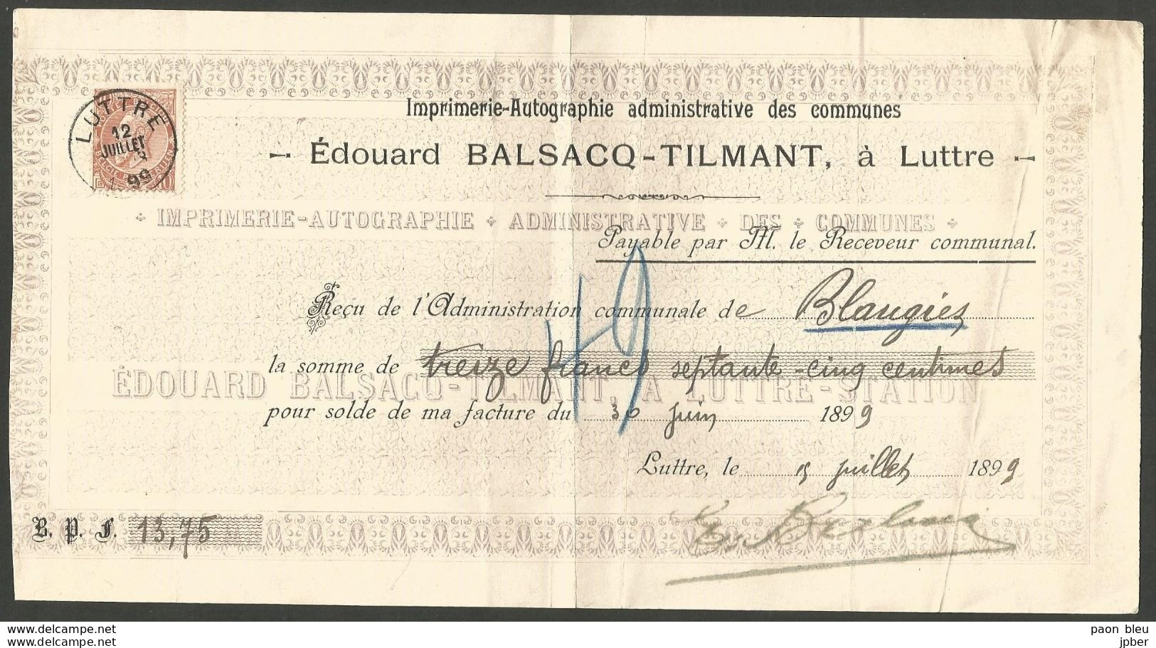 Belgique - Leopold II N°57 Obl. LUTTRE 12/07/1899 Sur Reçu Imprimerie Balsacq-Tilmant - 1893-1900 Schmaler Bart
