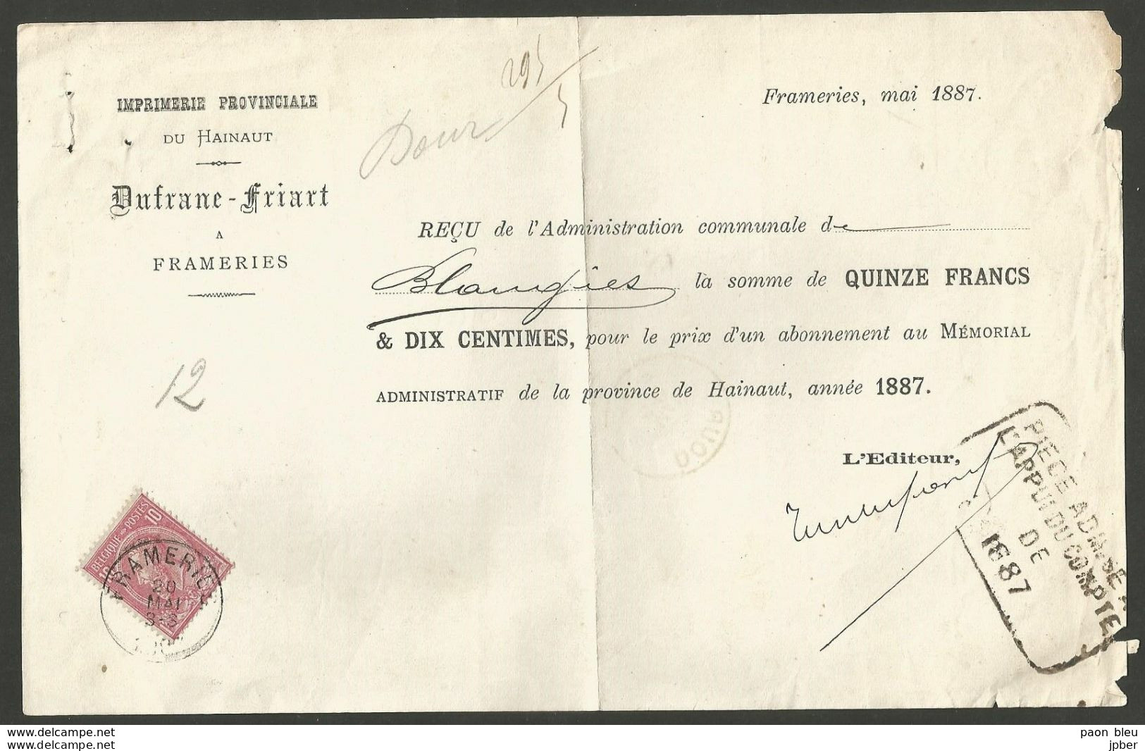 Belgique - Léopold II N°46 Obl. FRAMERIES 20/05/1887 Sur Reçu Imprimerie Dufrane-Friart - Mémorial Administratif - 1884-1891 Leopold II