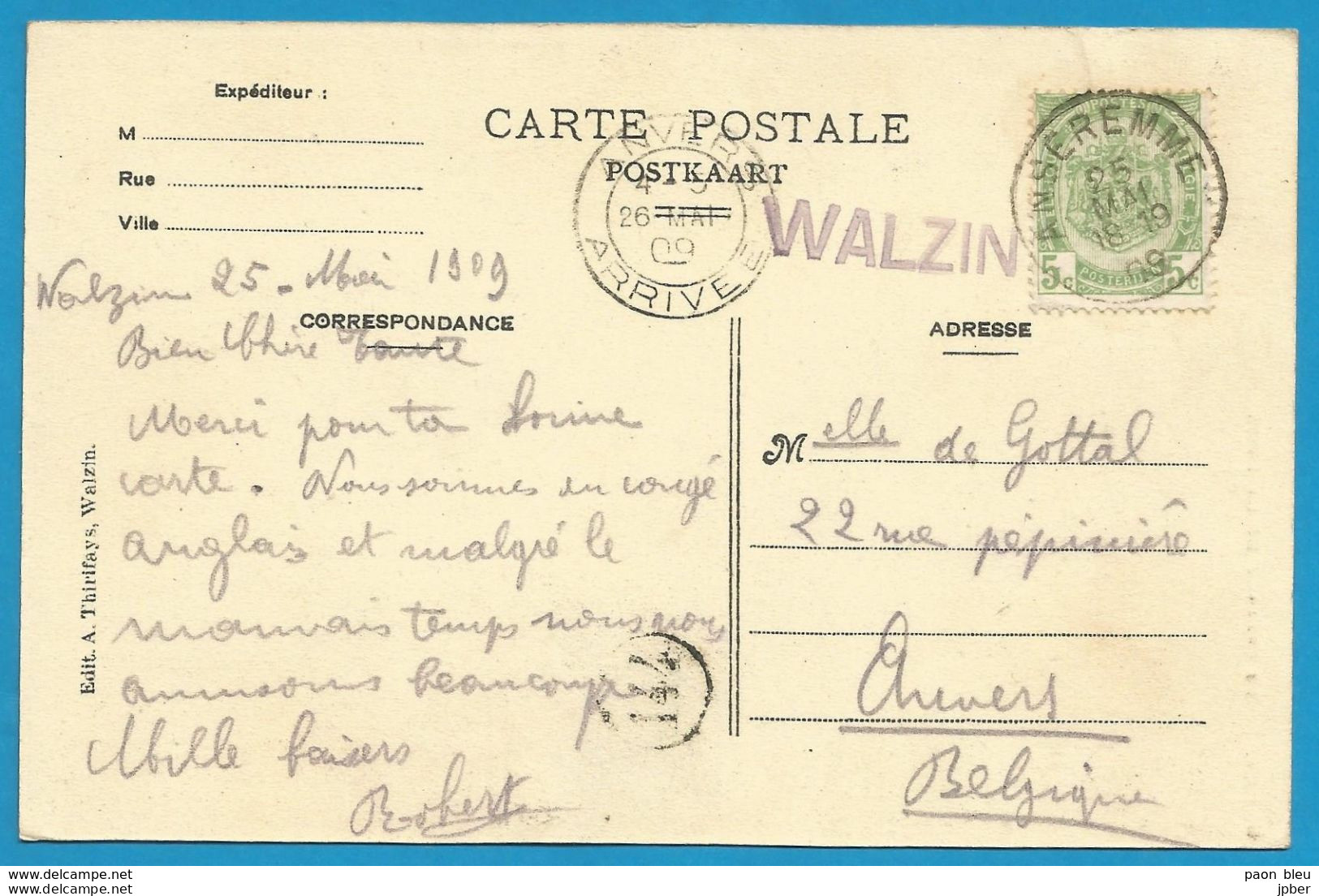 Belgique - Griffe Linéaire WALZIN + Obl. ANSEREMME Du 25/5/1909 - Château De Walzin - Griffes Linéaires