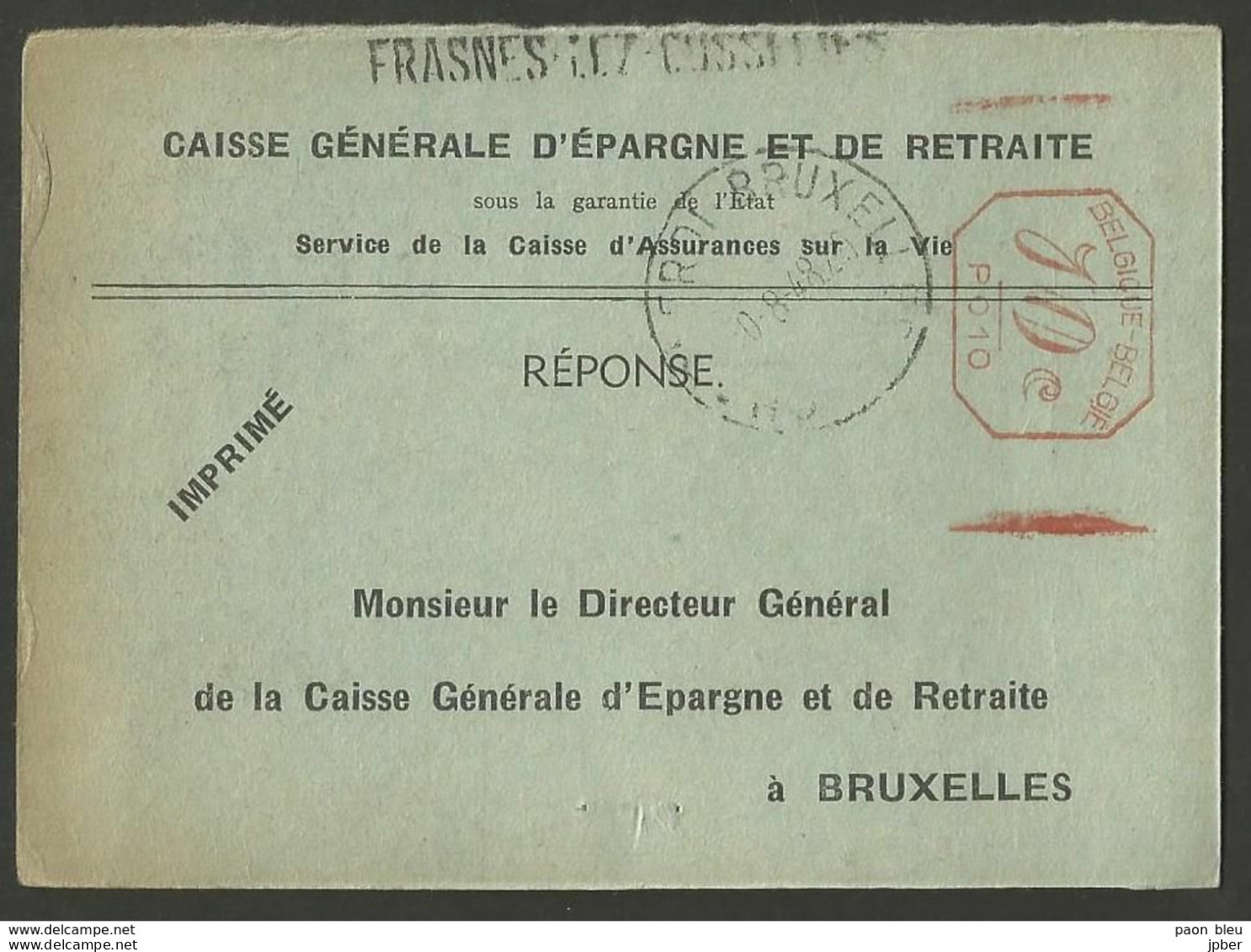 Belgique - Griffe Linéaire FRASNES-LEZ-GOSSELIES + Cachet Ambulant Charleroi-Bruxelles - Langstempel