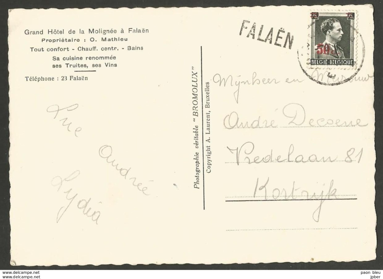 Belgique - Griffe Linéaire FALAËN - Carte Grand Hôtel De La Molignée - Lineari