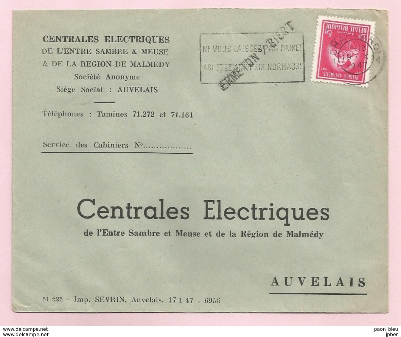 Belgique - Griffe Linéaire ERMETON S/ BIERT Sur Lettre - Gerlache N°749 Obl. Du 19/10/1947 - Langstempel