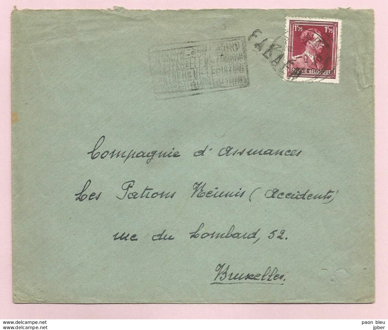 Belgique - Griffe Linéaire - FALAEN - Sur Lettre - Leopold III Col Ouvert N°832 - Lineari