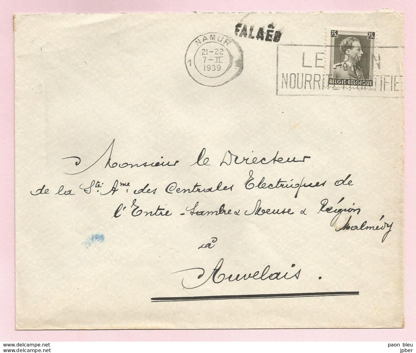 Belgique - Griffe Linéaire FALAEN Sur Lettre De Bioul Vers Auvelais Du 07/02/1939 - Léopold III Col Ouvert N°480 - Langstempel