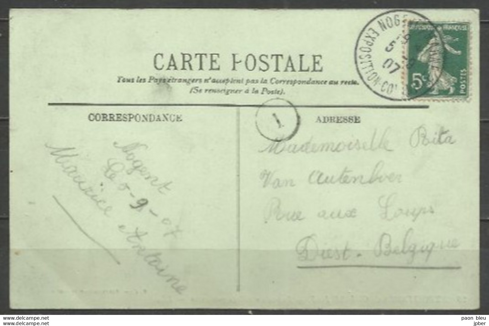 France - Type Semeuse Camée - N°137 - Obl. NOGENT-SUR-MARNE EXPOSITION COMMUNALE 5/9/07 + Village Soudanais - 1906-38 Säerin, Untergrund Glatt