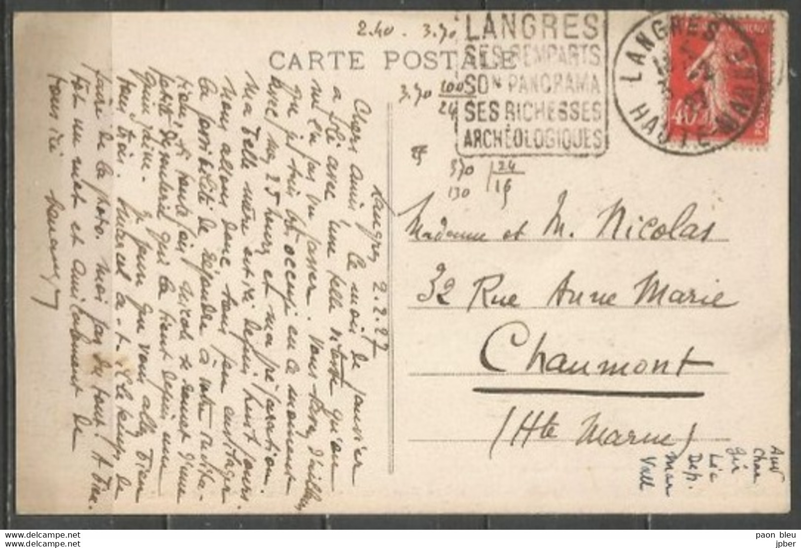 France - Type Semeuse Camée - N°194 - Obl. Daguin - LANGRES (Haute-Marne) - 1906-38 Säerin, Untergrund Glatt