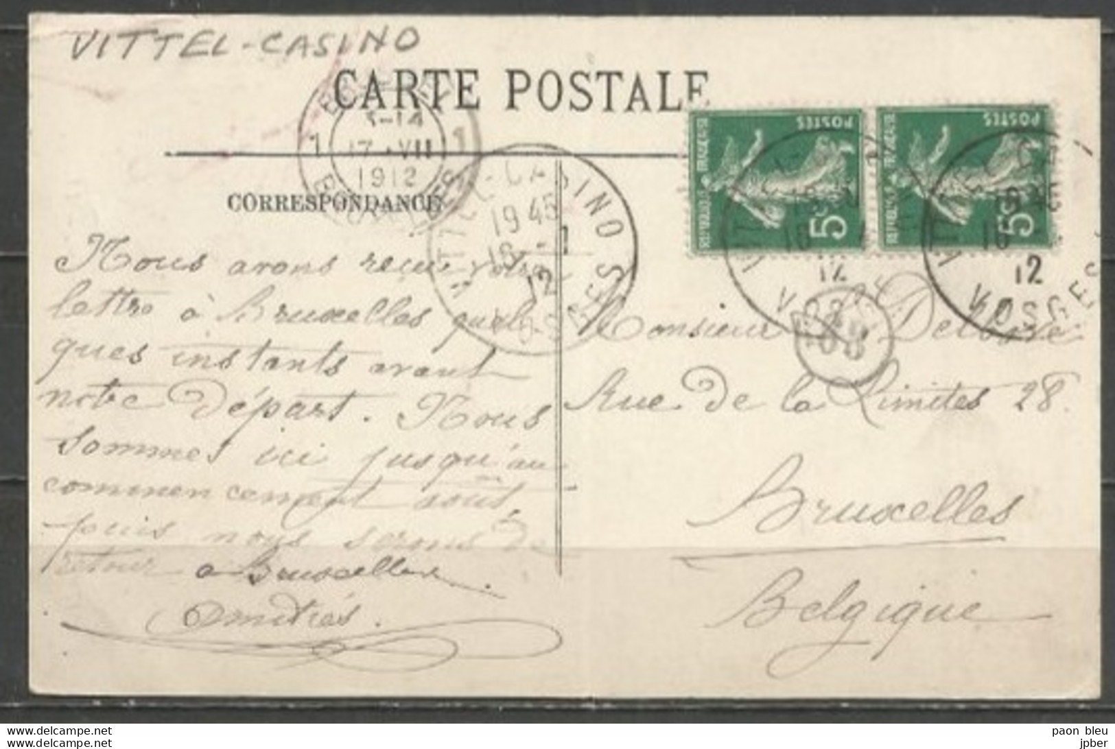 France - Type Semeuse Camée - N°137 - Obl. VITTEL-SASINO (Vosges) + Kiosque à Musique - 1906-38 Semeuse Con Cameo