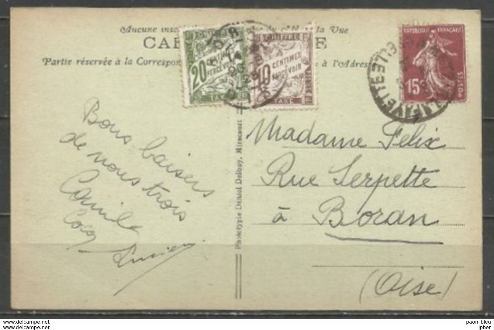 France - Type Semeuse Camée - N°189 Sur CP METZ Porte Des Allemands + Taxe N°29+31 Obl.BORAN (Oise) - 1906-38 Säerin, Untergrund Glatt