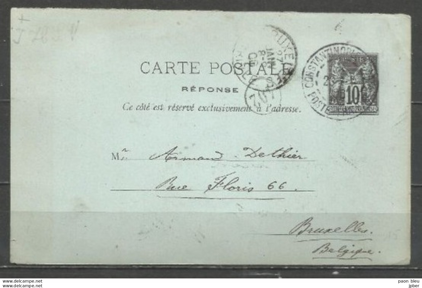 France - Carte Postale Type Sage N°89-CP4 - Obl. CONSTANTINOPLE GALATA - Poste Française - Vers Bruxelles - Cartes Postales Repiquages (avant 1995)