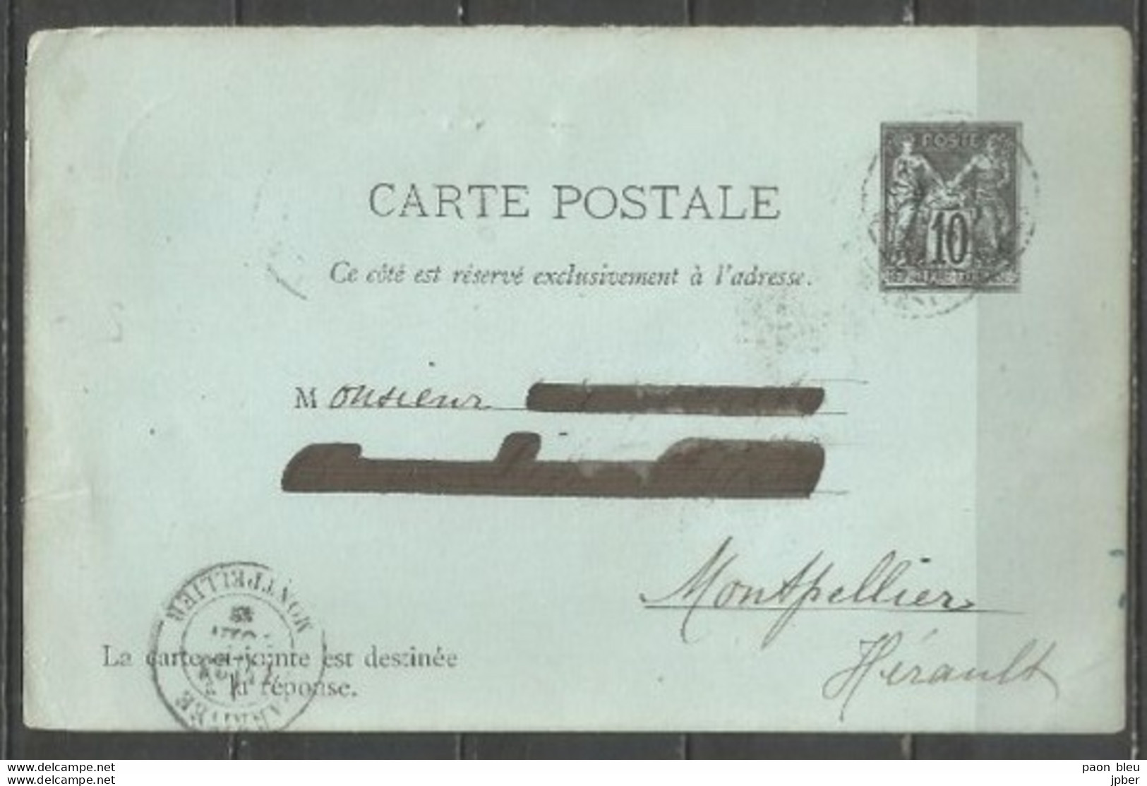 France - Carte Postale Type Sage N°89-CP4 - Obl. Paris (pas Lisible) + Cachet "ARRIVEE MONTPELLIER" - Postales  Transplantadas (antes 1995)