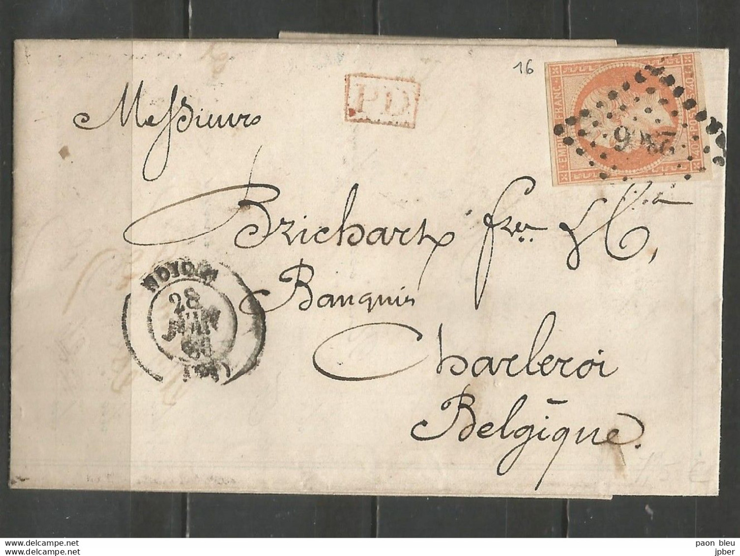 France - Oise - Obl.PC - N°16 Sur Lettre De NOYON Vers CHARLEROI + "PD" Encadré En Rouge - 1849-1876: Classic Period