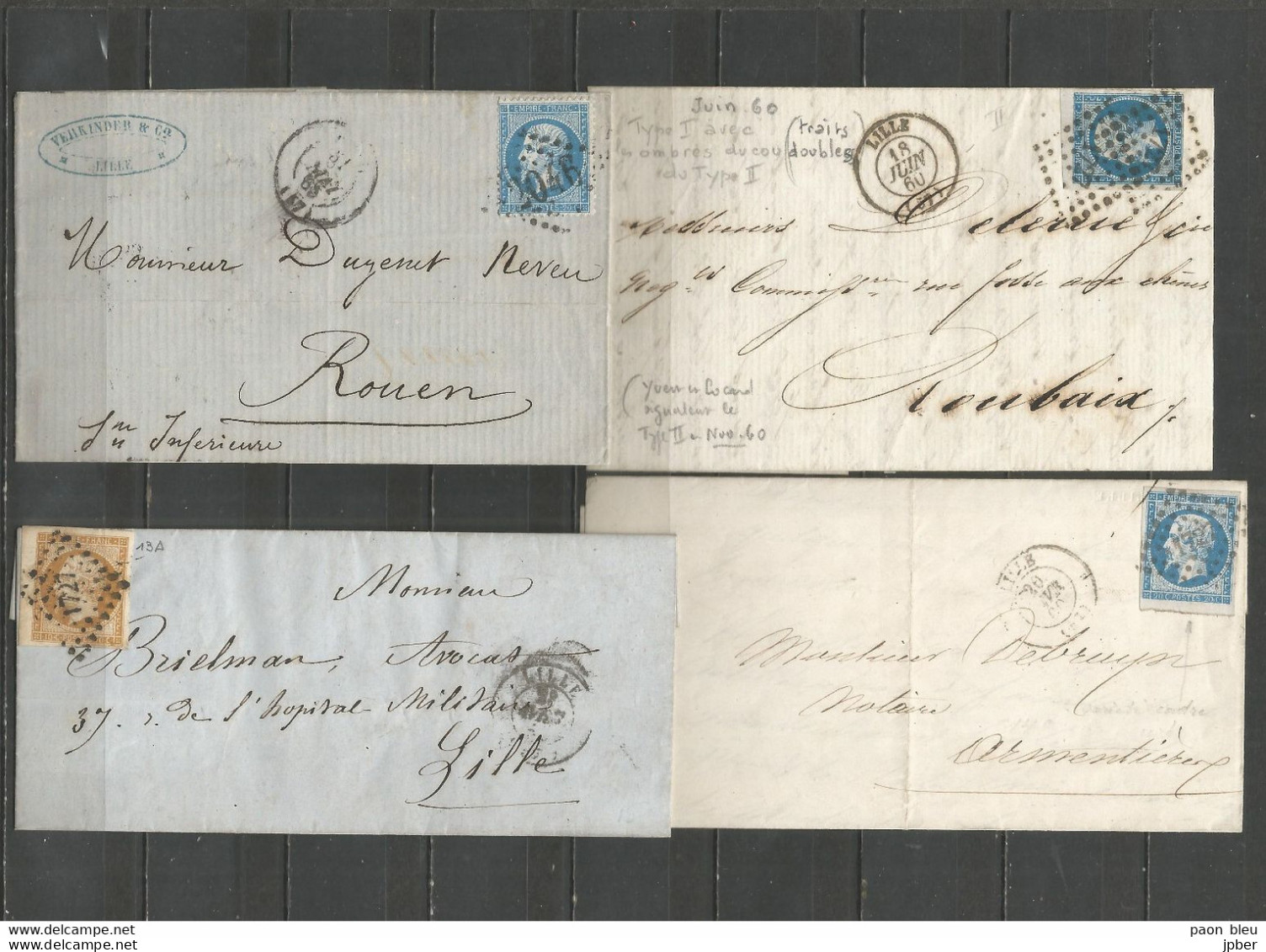 France - Nord - Obl.PC Et GC - 4 Lettres De LILLE - 1849-1876: Période Classique