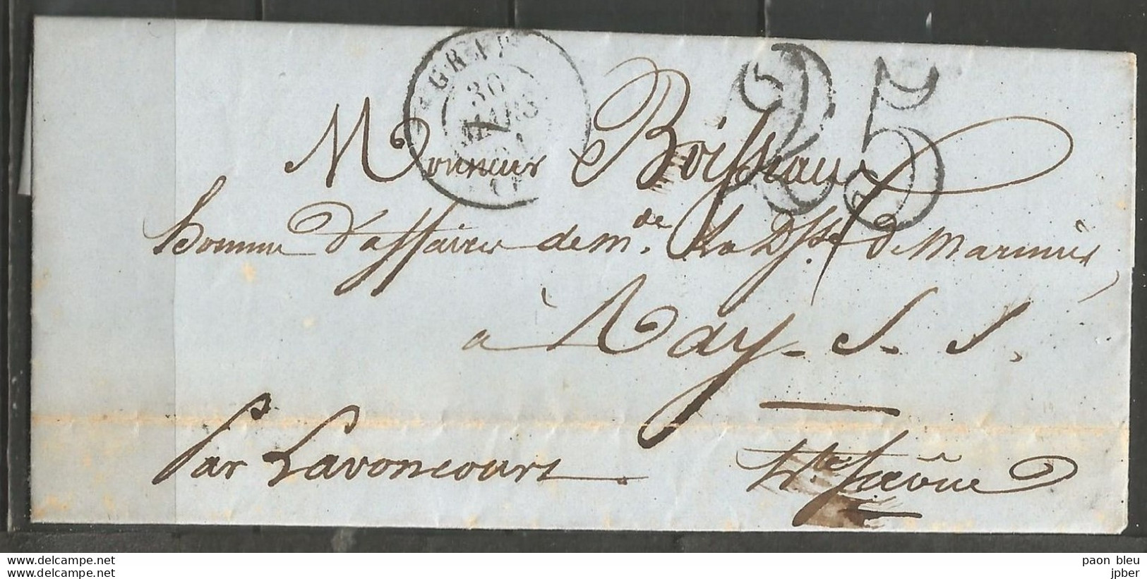 France - LAC Non Affranchie Du 28/03/1851 De Gray à Ray Sur Saône + Cachets Ray Et Lavoncourt + Cachet-taxe 25 Cts - 1849-1876: Classic Period