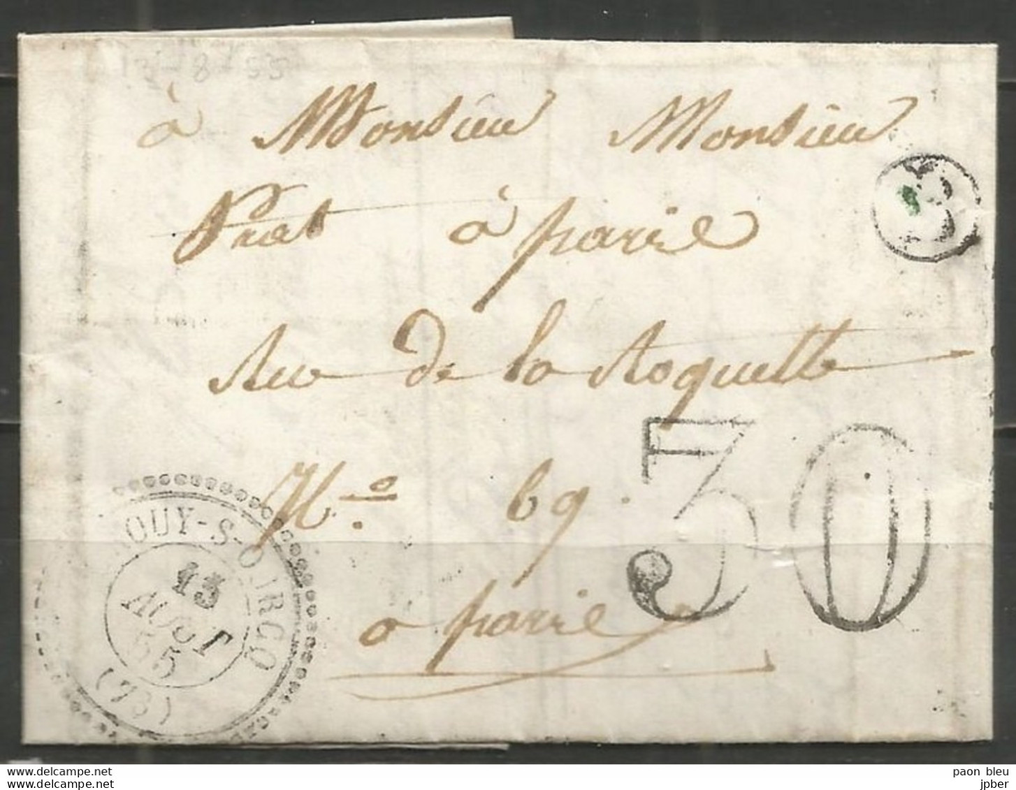 France - LAC Non Affranchie De COULOMS Cachet Boîte B (CROUY-SUR-OURCQ 13/8/55) Vers Paris - Cachet-taxe 30cts - 1849-1876: Période Classique