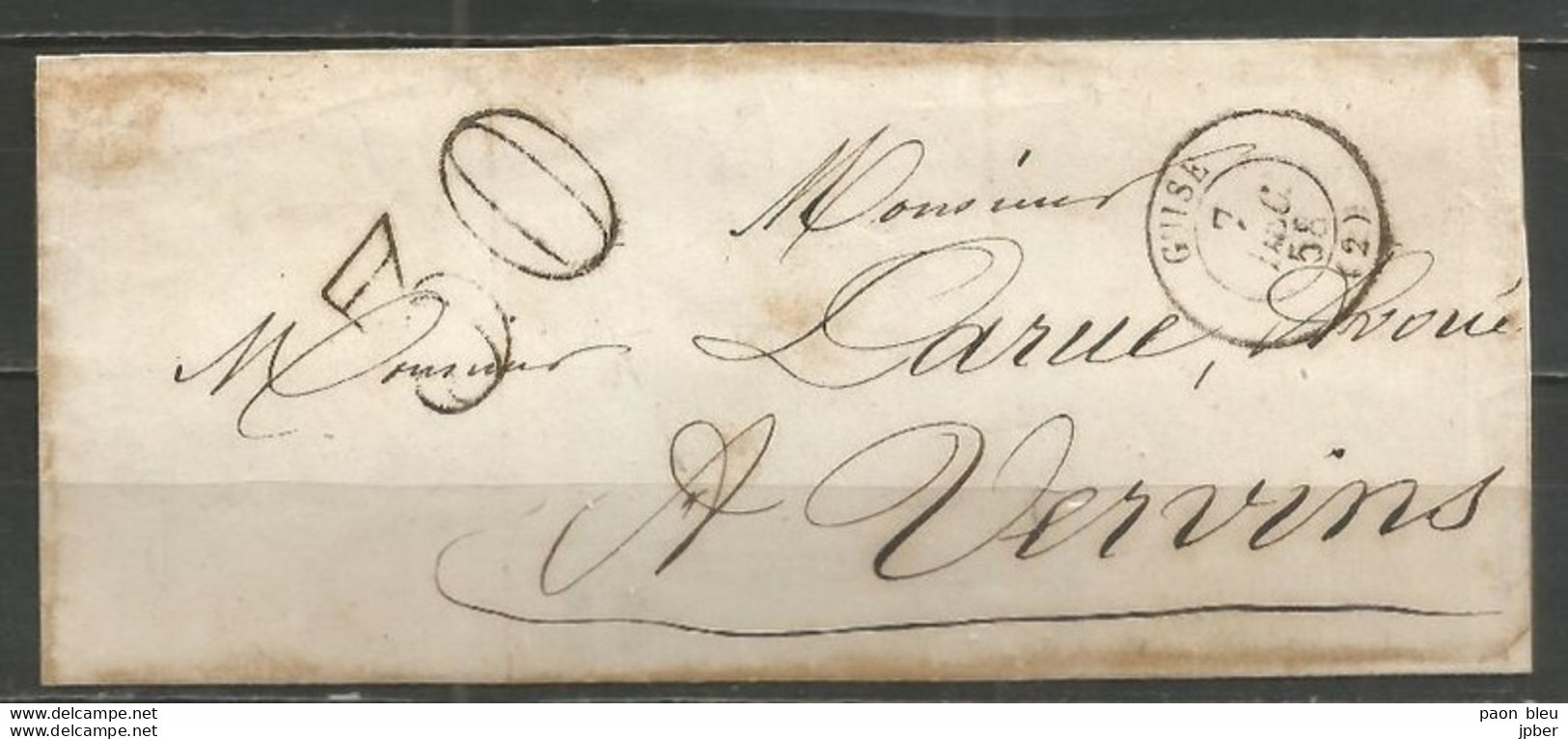 France - LAC Non Affranchie De GUISE Du 7/12/1858 Vers VERVINS - Cachet-taxe 30cts - 1849-1876: Période Classique